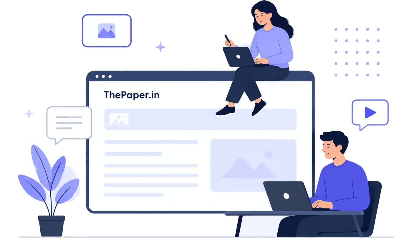 Illustration: two writers working on laptops beside a ThePaper.in page