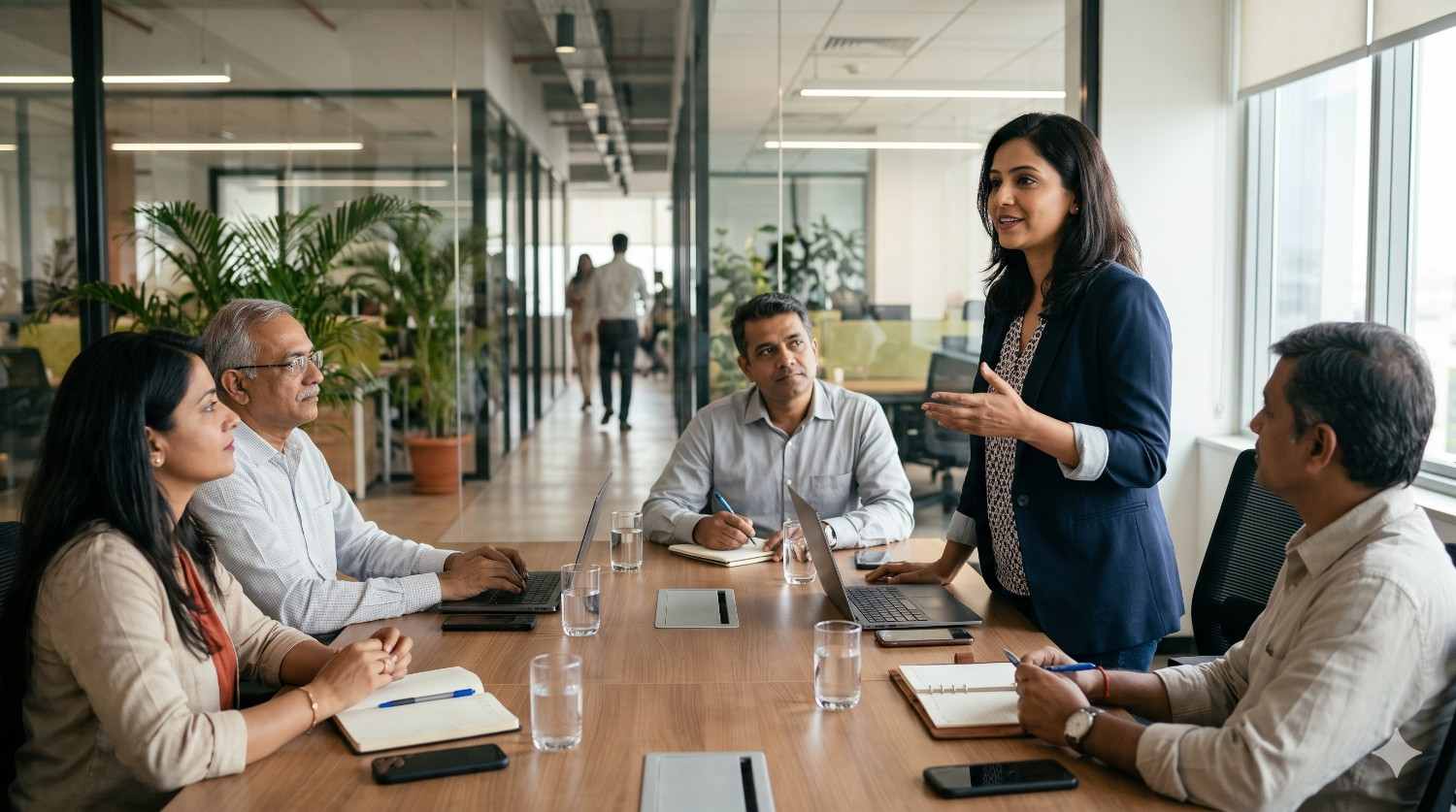 An Indian female professional confidently addressing her team during a meeting, representing women overcoming bias in Indian organizations.