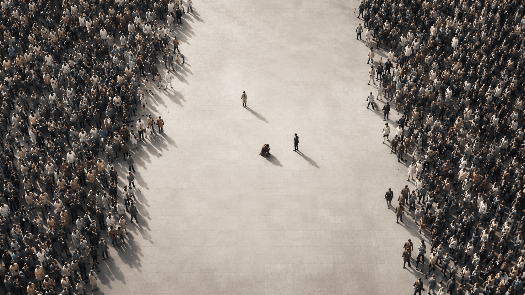 An overhead view of a lone individual surrounded by a vast crowd, separated by an expanse of empty space. The image reflects how individual suffering can become lost amid social divisions, public outrage and the struggle over whose pain deserves recognition.