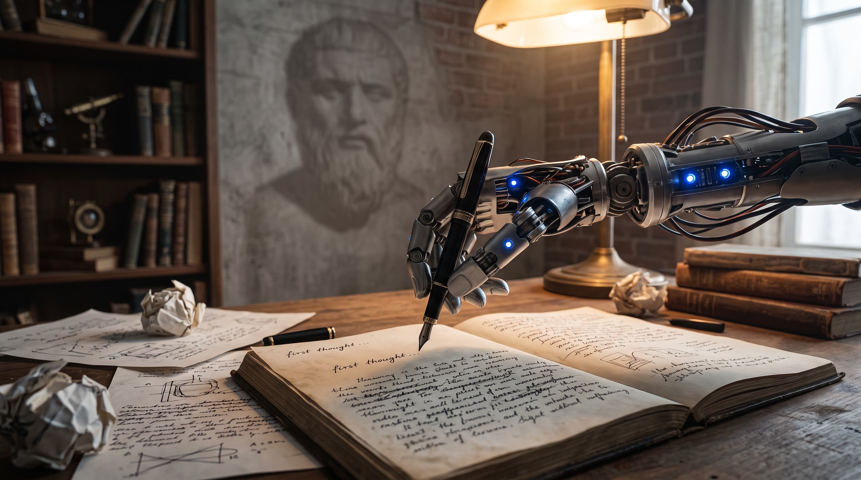 An robotic hand holds a pen over an open journal on a cluttered wooden desk. Scattered papers, crumpled sheets, deks lamp, and a potrait of Plato surrounding it.