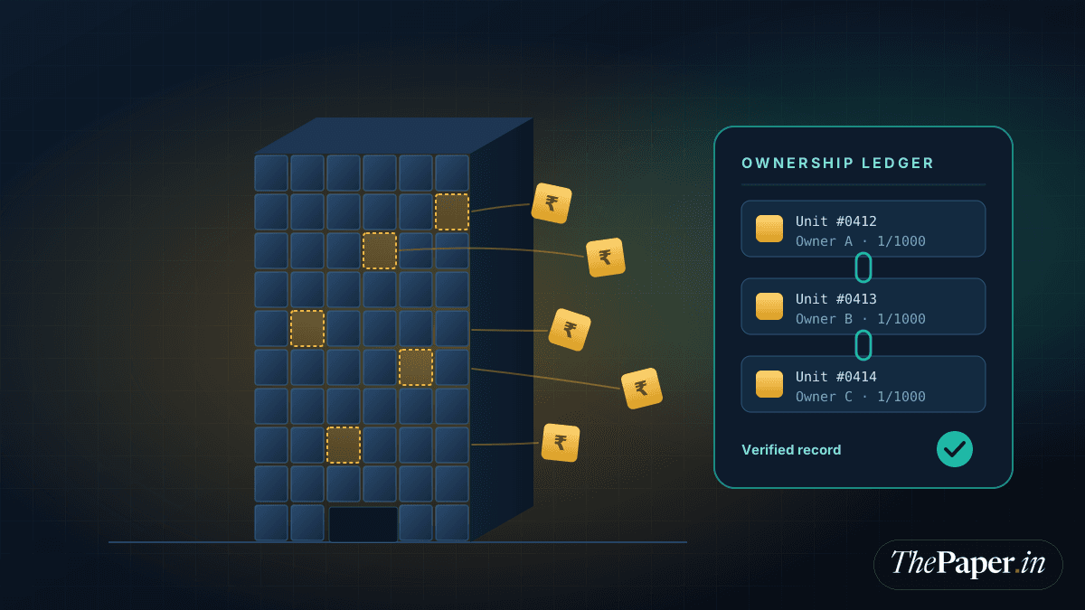 Illustration of an office building divided into tiles, with gold ₹ tokens moving to a digital ownership ledger showing verified unit records.