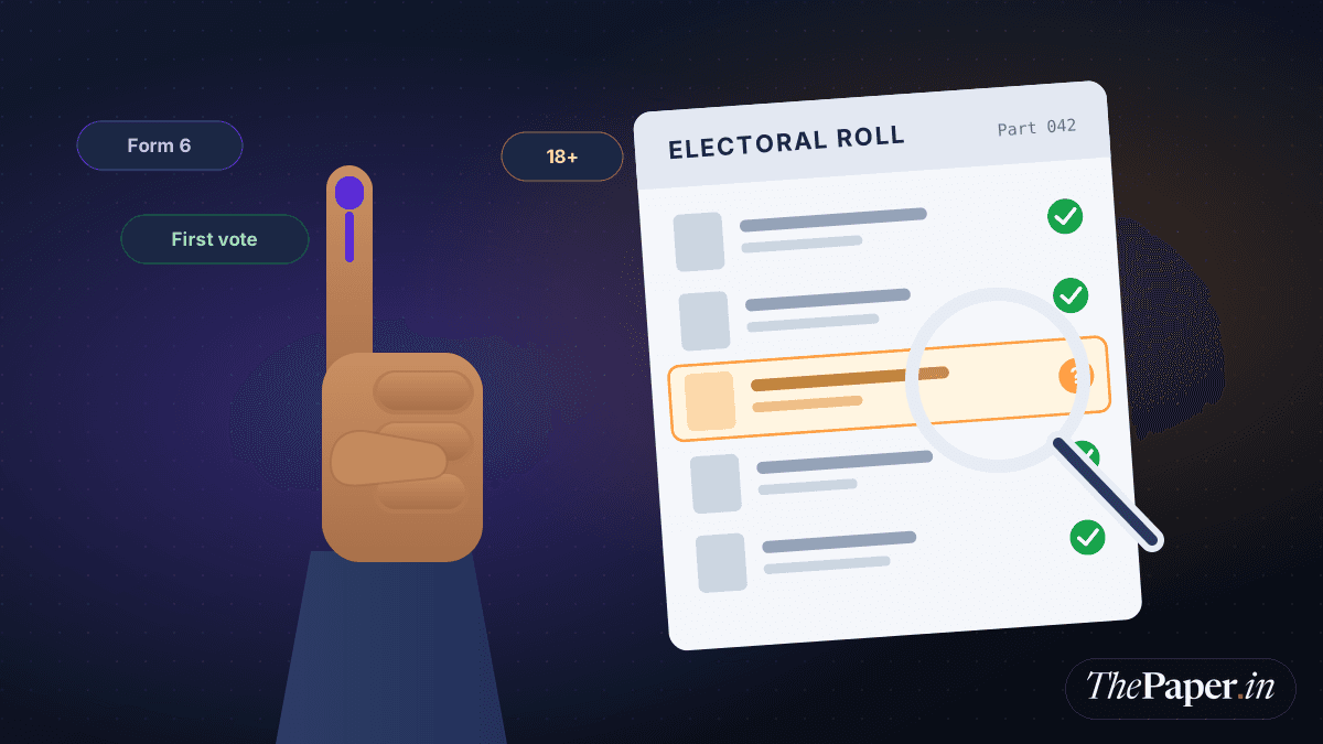 Illustration of a raised index finger marked with voter ink beside an electoral roll, with one entry highlighted under a magnifying glass.